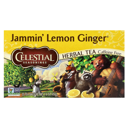 Celestial Seasonings, травяной чай, Jammin', лимон и имбирь, без кофеина, 20 чайных пакетиков, 45 г (1,6 унции)