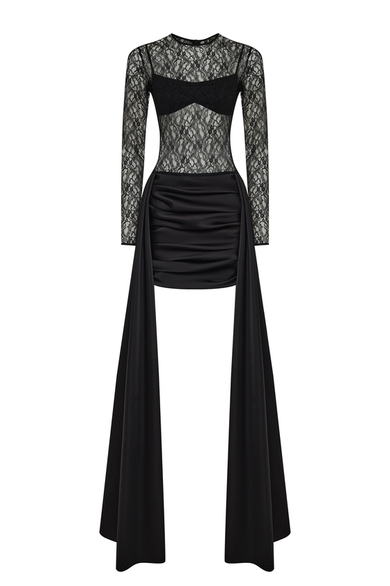 Платье мини из атласа и кружева со шлейфом с закрытым лифом