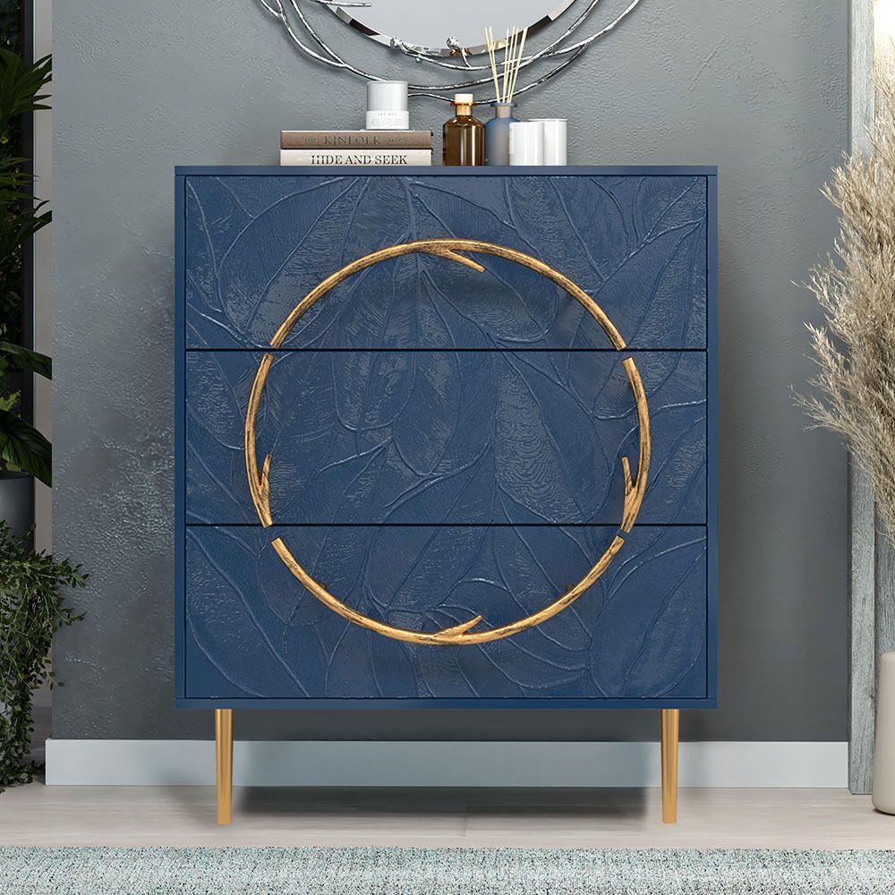 Комод Арт Колор leaves Стайл Голд с 3 ящиками Королевский синий