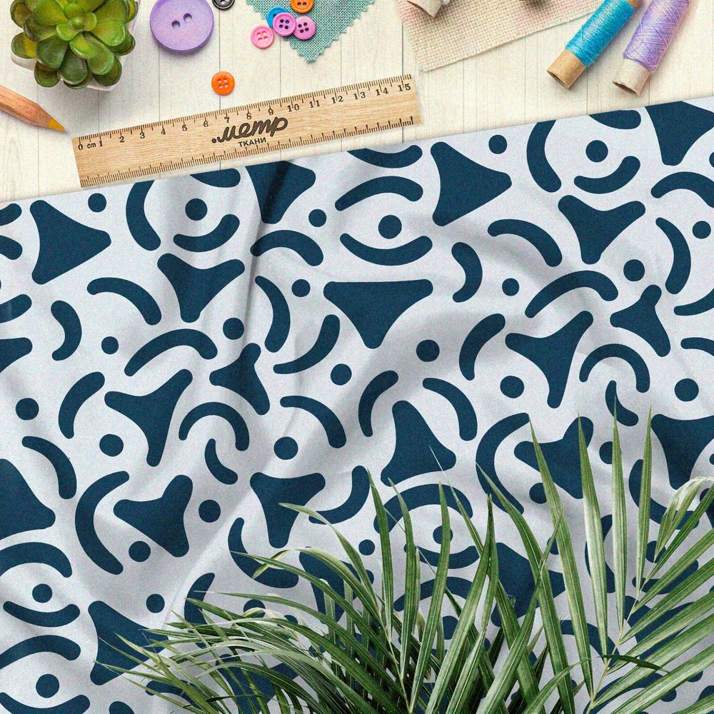 Ткань оксфорд 600 синие треугольные узоры на голубом фоне