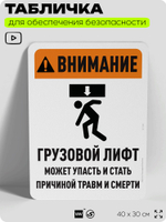 Табличка для обеспечения безопасности "Внимание, грузовой лифт", для офиса, по охране труда для предприятия, организаций, 40х30 см, Silver Plane x Айдентика Технолоджи
