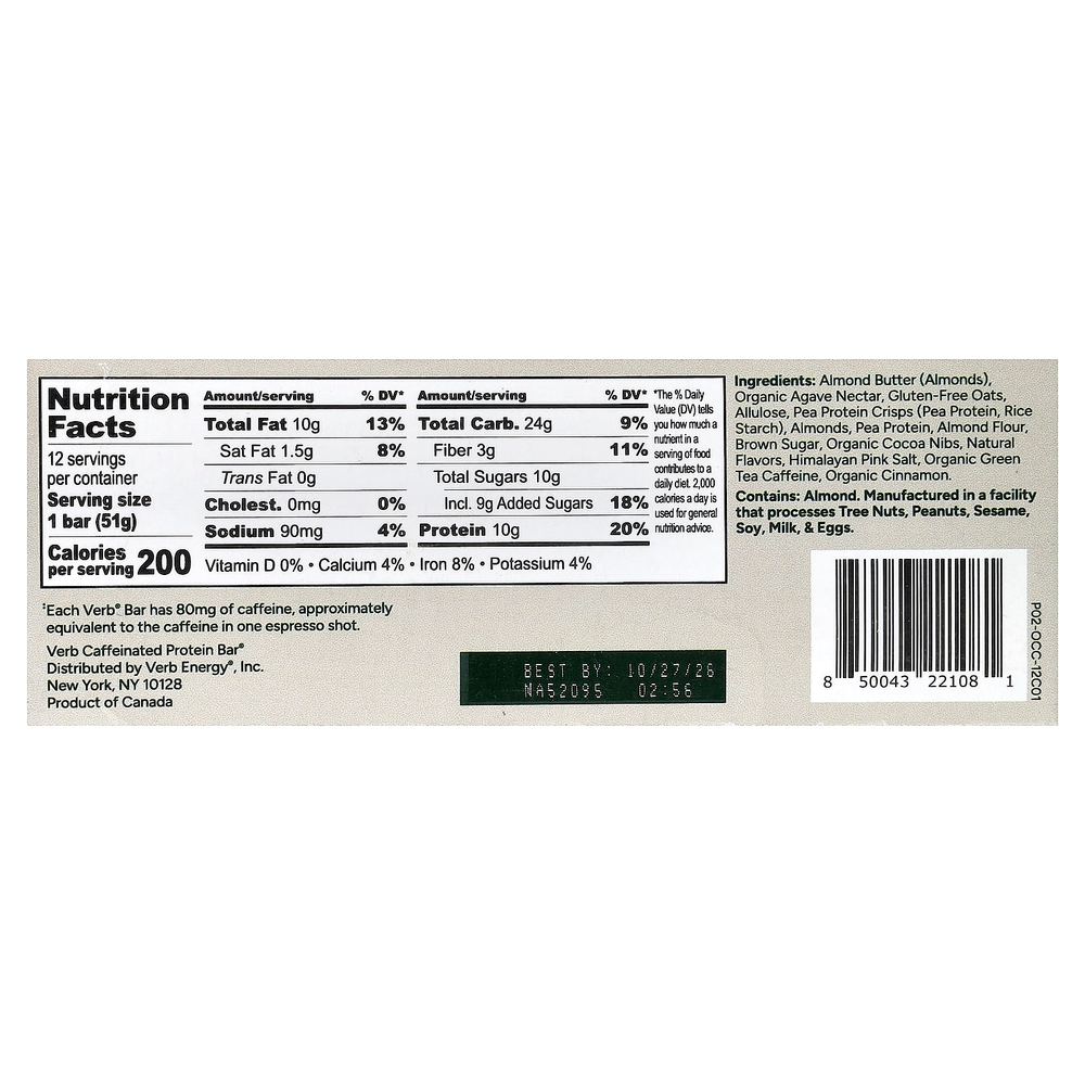 Verb Energy, Caffeinated Protein Bars, Oatmeal Chocolate Chip, 12 Bars, 1.8 oz (51 g) Each