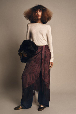 ZARA ЮБКА-ПАРЕО С ВЫШИВКОЙ И БАХРОМОЙ, БУРГУНДИ