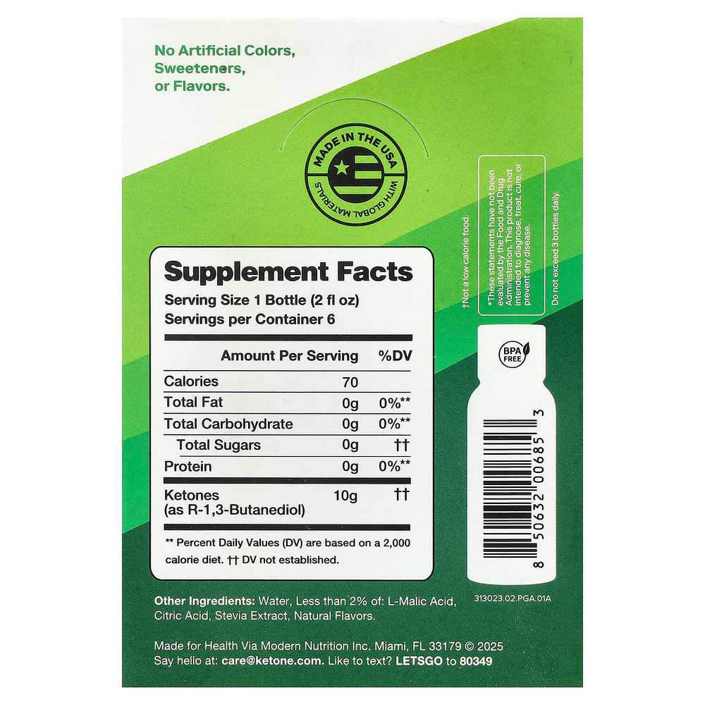 Ketone-IQ, Energy Shot, зеленое яблоко, без кофеина, 6 флаконов по 59 мл (2 жидк. унции)