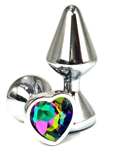 Серебристая анальная пробка с радужным кристаллом-сердцем - 8 см. (Цвет: разноцветный)
