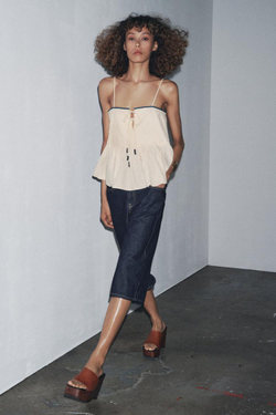 ZARA ТОП С КОНТРАСТНОЙ ОТДЕЛКОЙ — ZW COLLECTION, ЭКРЮ