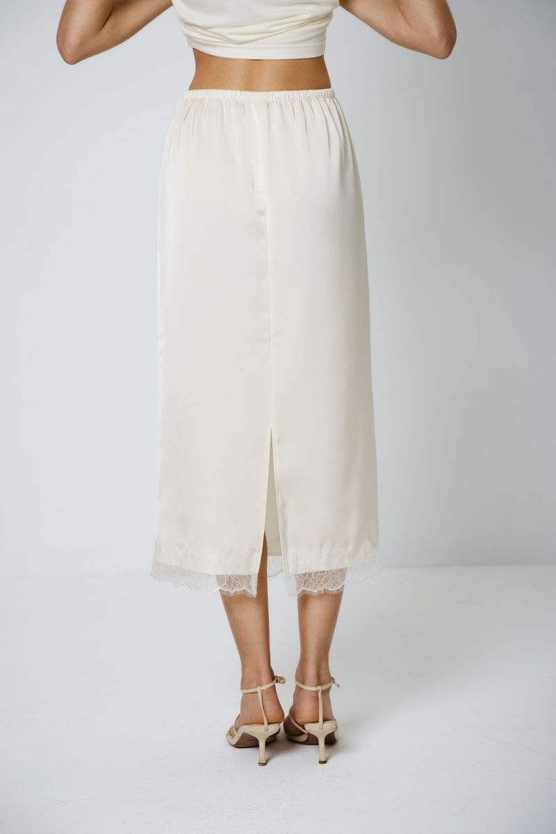 Юбка из шелка с кружевом миди кремовая