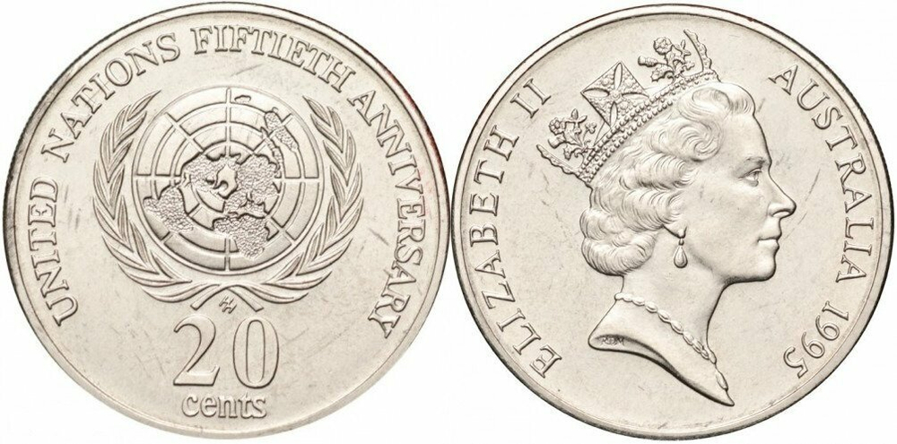 Австралия 20 центов, 1995 50 лет ООН