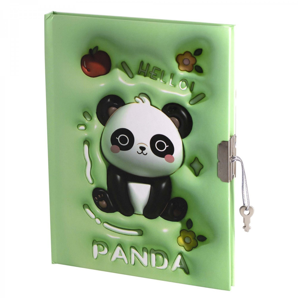 Записная книжка в футляре, 20,0 см * 22,5 см, 7БЦ, Alingar, мат.ламин, эффект 3D, ручка, замочек, клетка, 50 л., "Малыш панда", зеленый