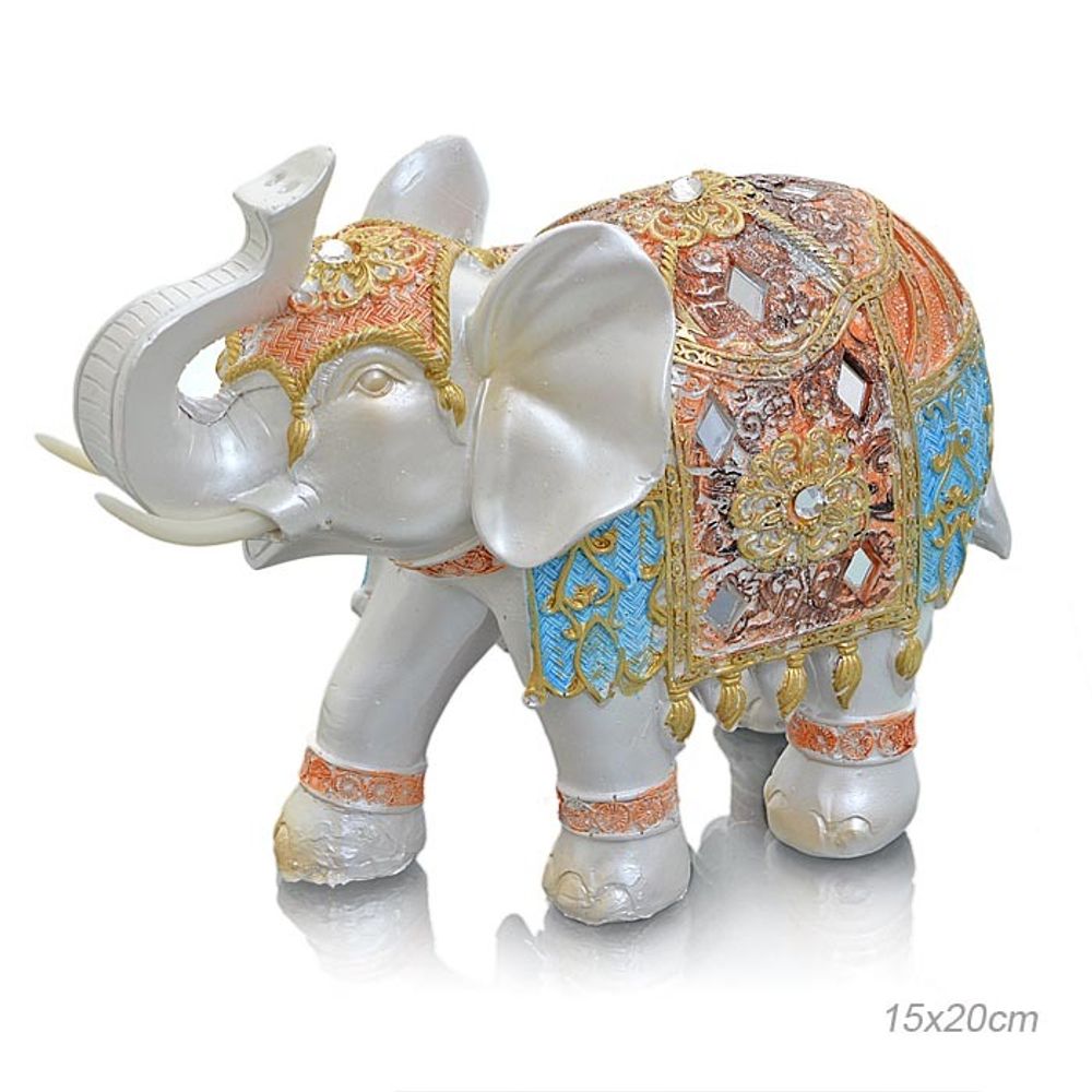 Статуэтка Слон белый в попоне, цвет коричневый, золотистый, синий, зеркала, стразы, полистоун 17 см