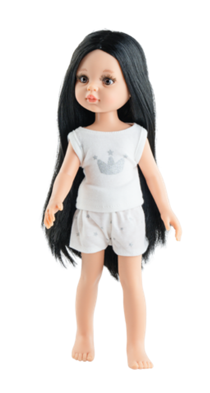 Кукла Карина черные волосы до колен, глаза коричневые, в пижаме (Паола Рейна), 34 см