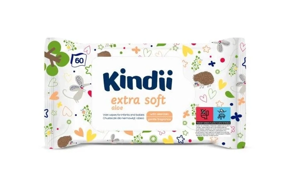 Салфетки Kindii Extra Soft влажные для младенцев и детей с чувствительной кожей с экстрактом алоэ и аллантоином, 60 шт