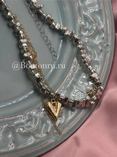 Колье серебристое с сердечком, звездочкой и цепью биколорное