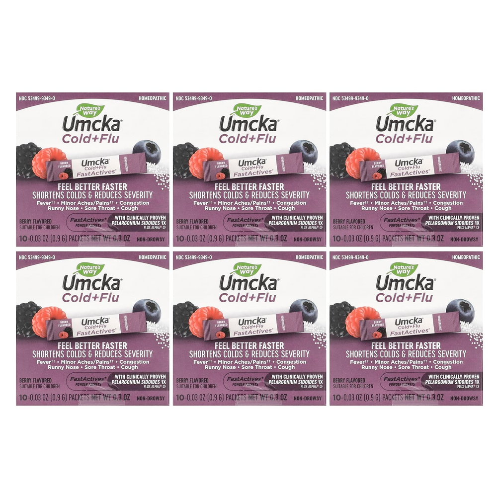 Nature's Way, Umcka®, средство от простуды и гриппа, для детей от 6 лет, с ягодами, 6 упаковок, по 10 пакетиков