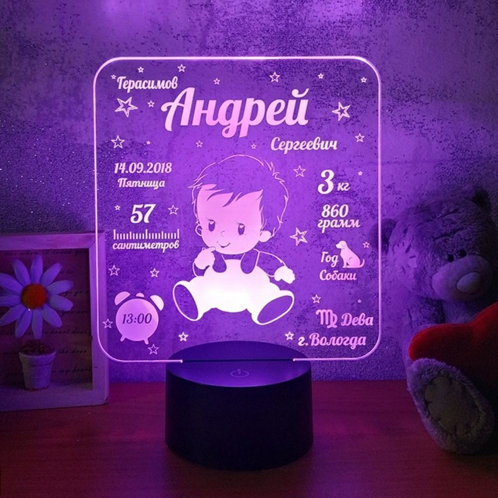 Ночник детский 3D Светильник Ночник - Метрика для малыша