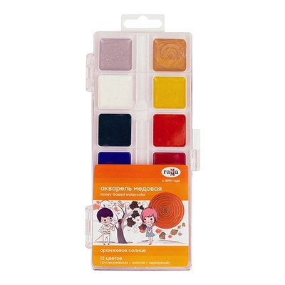 Акварель медовая "Оранжевое солнце" 10 цветов +золото+серебро, без кисти, пластик (Гамма)