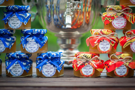 Бонбоньерка с медом на свадьбу, 140 грамм, стиль "Гжель и Хохлома"