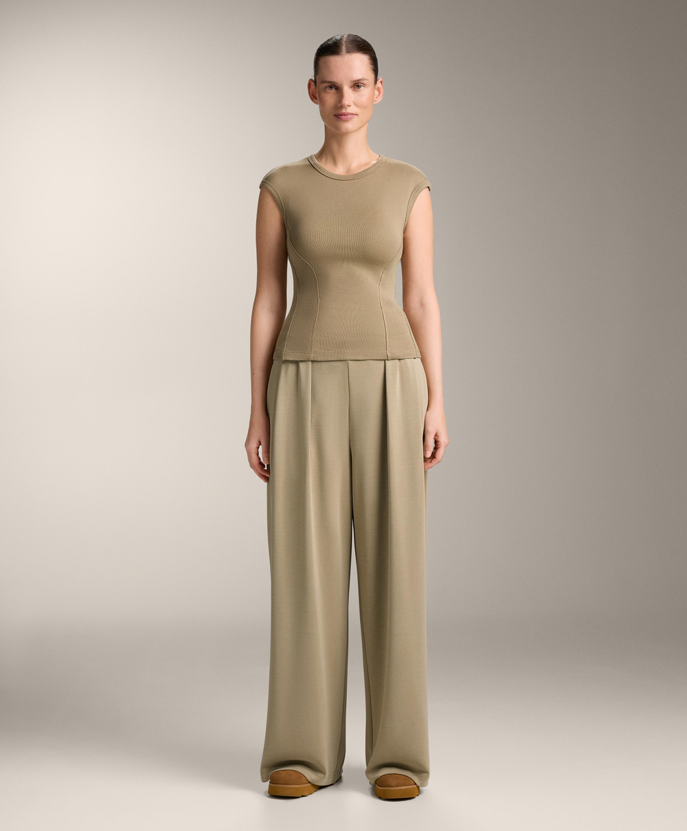 Oysho Футболка с короткими рукавами в рубчик из хлопка и модала, бежево-зеленый