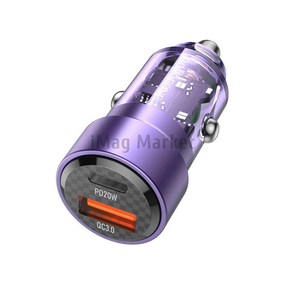 Автомобильное зарядное устройство Borofone BZ20, 1 USB-A, 1 USB-C, 38W, 3A, фиолетовый прозрачный
