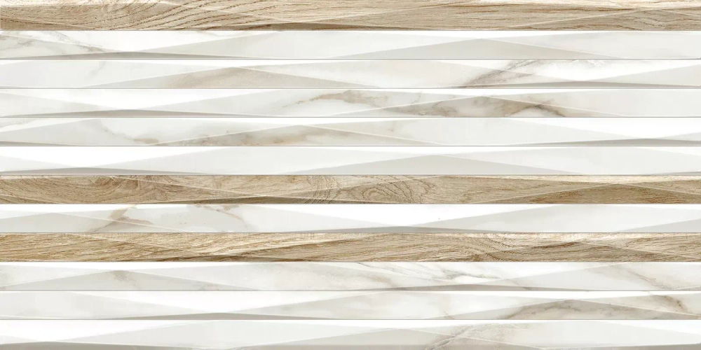 Настенная плитка Alma Ceramica TWU2550EPH14 Euphoria 24.9x50 белая / бежевая глянцевая / рельефная под мрамор / под дерево / полосы