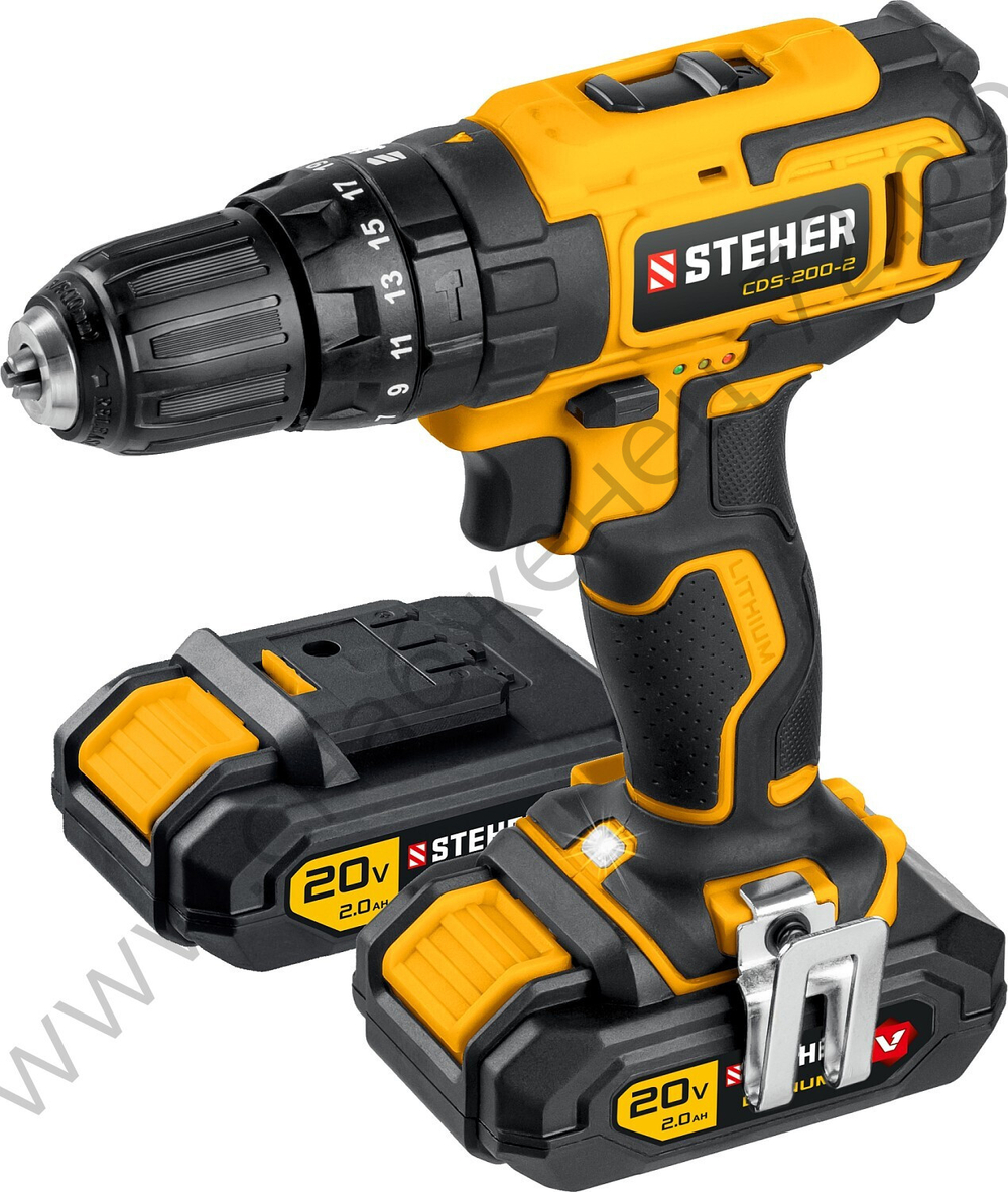 STEHER V1, 20 В, 40 Н·м, 2 АКБ (2 А·ч), ударная дрель-шуруповерт, кейс (CDS-200-2)