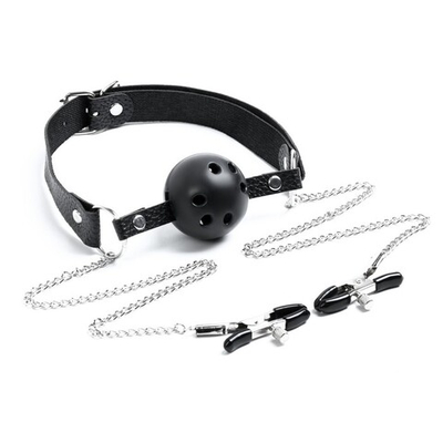 Кляп БДСМ с зажимами для сосков