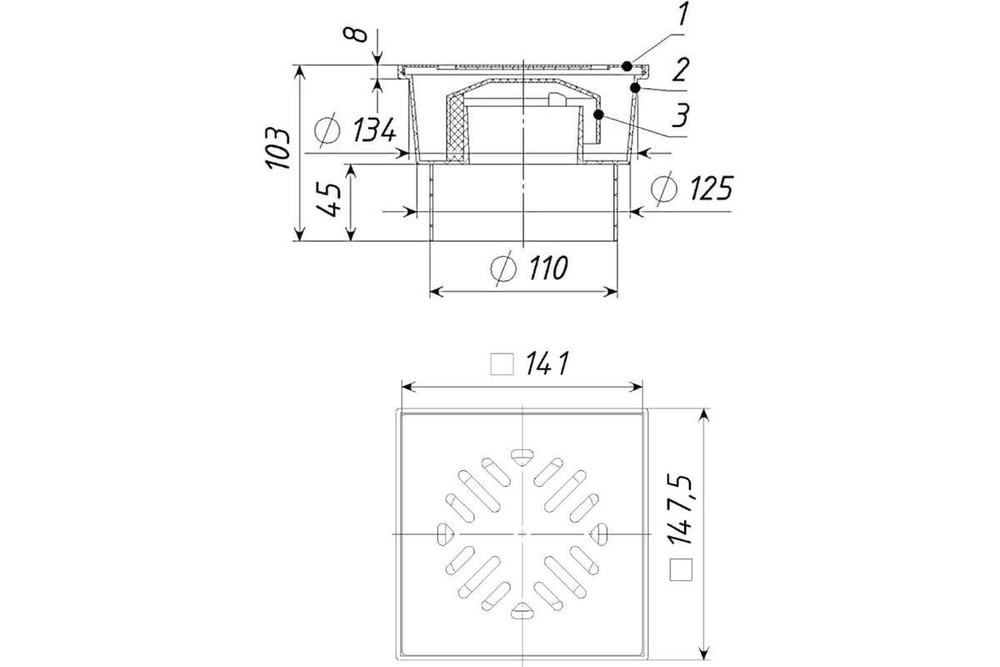 ТРАП ПЛАСТИК. НЕРЖ. РЕШЕТКА ПРЯМОЙ 15 Х 15 СМ (ДИАМ. 110ММ), MP-У ИС.110457