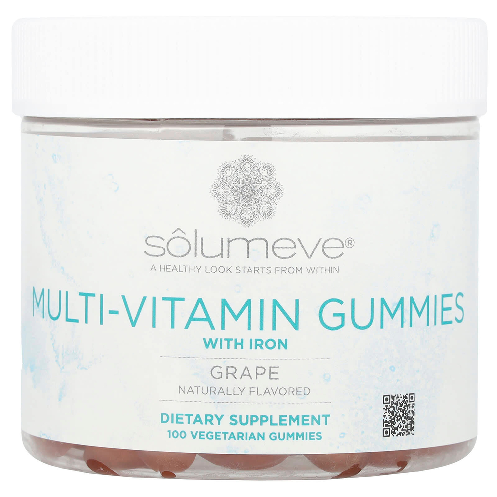 Solumeve, мультивитаминная жевательная добавка с железом, без желатина, с виноградным вкусом, 100 вегетарианских жевательных таблеток