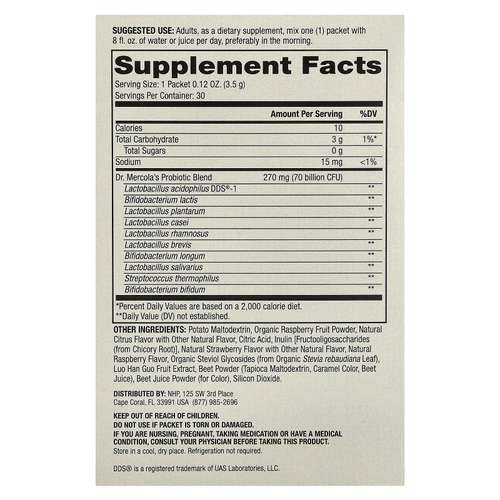 Dr. Mercola, комплекс пробиотиков в виде порошка в пакетиках, натуральный малиновый вкус, 70 млрд КОЕ, 30 пакетиков, по 3,5 г (0,12 унции) каждый