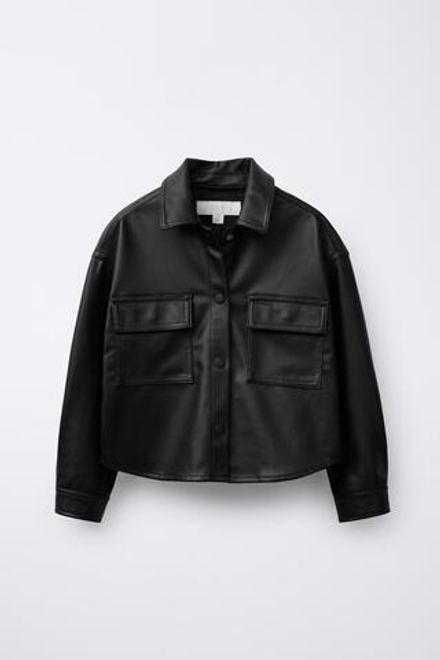 ZARA КУРТКА-РУБАШКА ИЗ ИСКУССТВЕННОЙ КОЖИ С КАРМАНАМИ, ЧЕРНЫЙ