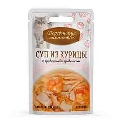 Деревенские Лакомства для кошек Суп из Курицы с Креветкой и Гребешком, 35гр