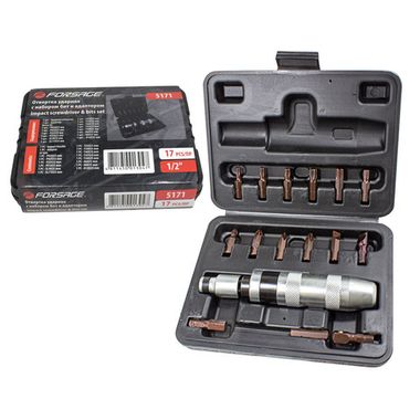 Отвертка ударная с набором бит и адаптерами,17пр.1/2''(F)х5/16''(F) 5/16''(М)x1/2''(М)(PH2,3,PZ2,3,SL9,11мм,Torx 25,30,40,45,50,Hex 6,8,10ммх36мм)в ке Forsage F-5171