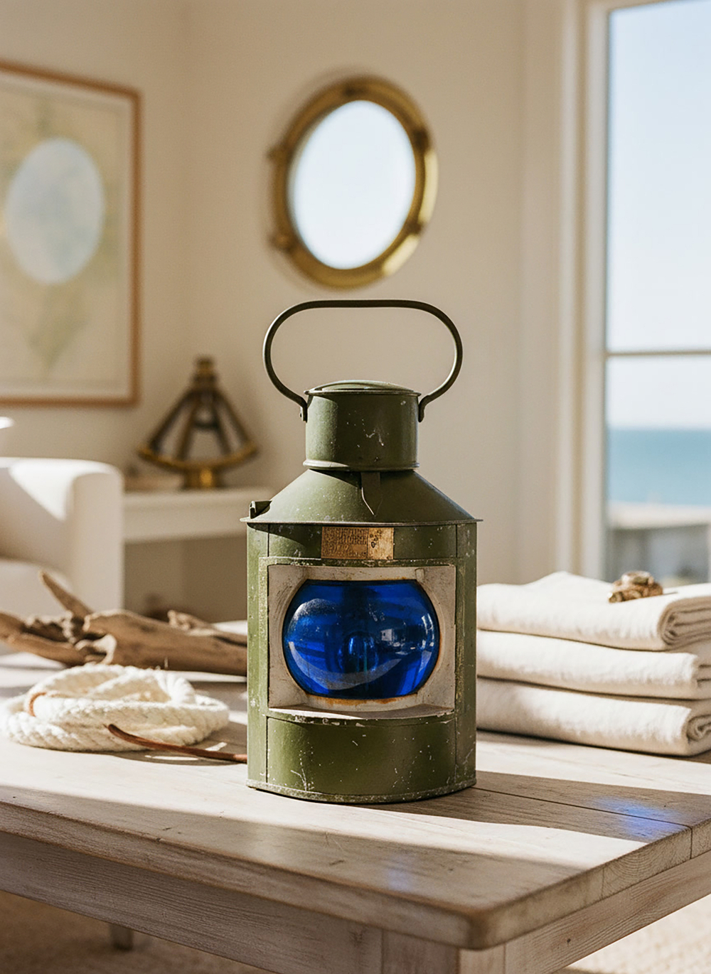 Интерьерный морской фонарь WOODandROOT из судового светильника 1957 года в зелёном корпусе, размещённый в светлой прибрежной гостиной.
