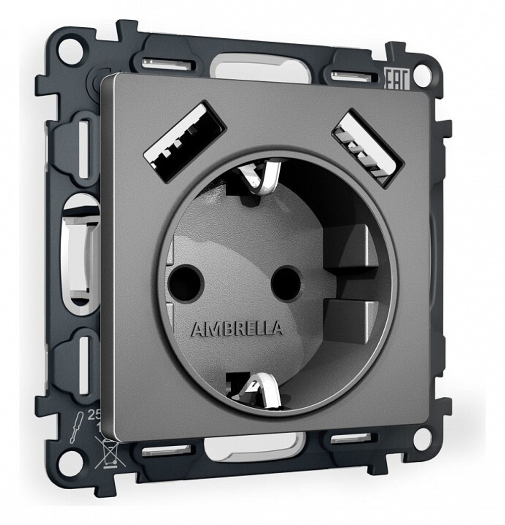 Розетка с заземлением и со шторкой и 2хUSB type A, без рамки Ambrella Volt Quant MA659010