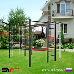 Уличная шведская стенка Sv Sport рукоход с комплектом турник прямой 2шт У5227.2 (Турник/Гнездо 115см/Кронш бокс/Канат/кольца/лестница/Сетка)