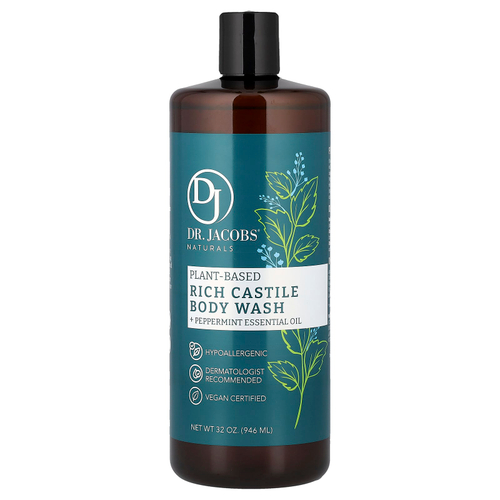 Dr. Jacobs Naturals, Кастильское гель-гель для душа на растительной основе, эфирное масло перечной мяты, 946 мл (32 унции)