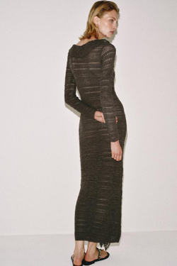 ZARA ПЛАТЬЕ ИЗ ТРИКОТАЖА POINTELLE С ВОЛАНАМИ, СЕРОВАТО-КОРИЧНЕВЫЙ