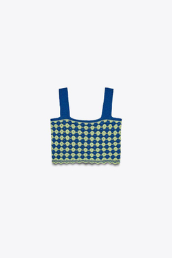 ZARA КРОП-ТОП ИЗ РЕЛЬЕФНОГО ТРИКОТАЖА, ЗЕЛЕНОВАТО-СИНИЙ