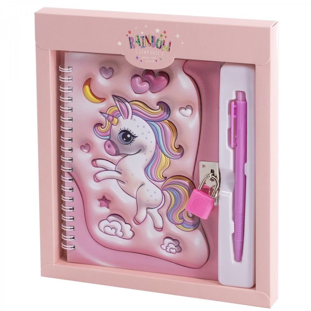 Блокнот в футляре, 19 см * 12,5 см, гребень, Alingar, ламин, конгрев, эффект 3D, ручка, замочек, клетка, 45 л., "Милый единорог", персик