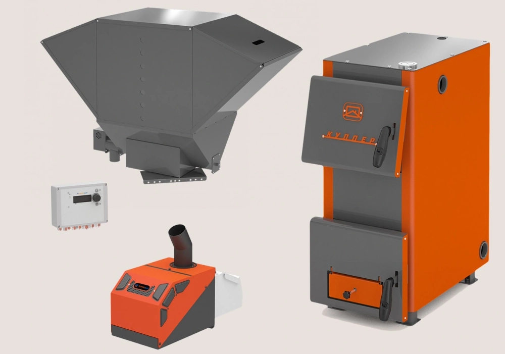 Отопительный котел Куппер ОК-15 (2.0) + Горелка пеллетная факельная 26 Норма (3.0) + Бункер котельный для пеллет (2.0)