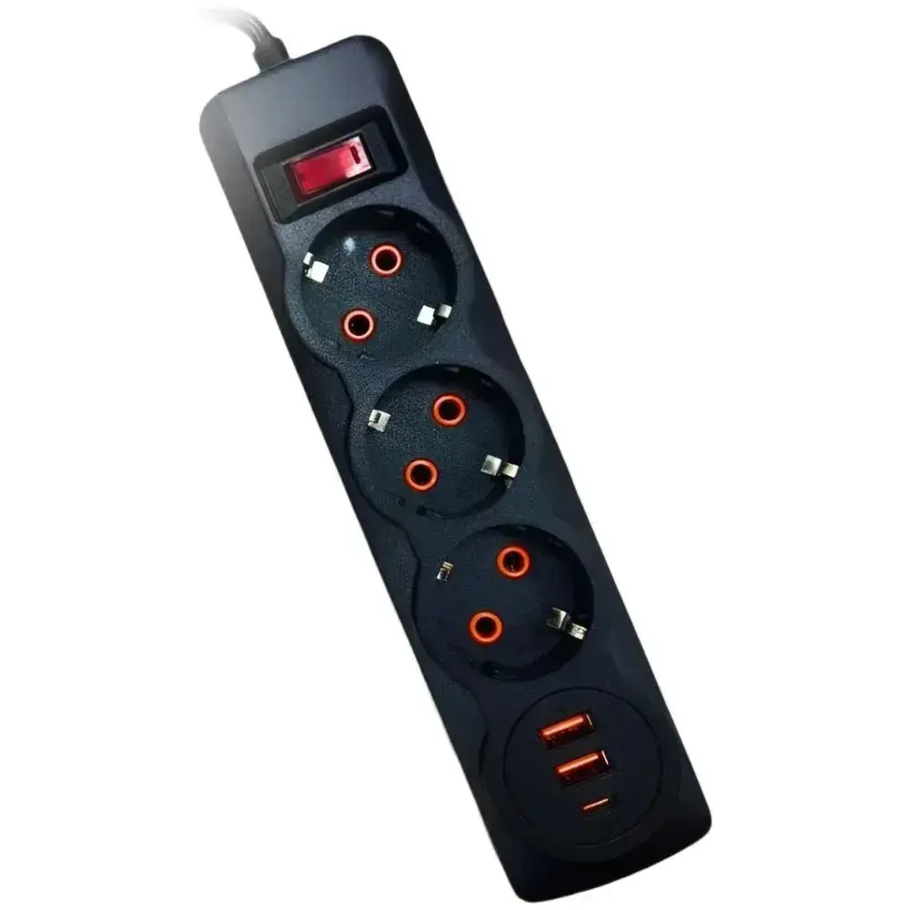 Сетевой фильтр с предохранителем и заземлением, 6 розетки + 5 USB / 1 TYPE-C быстрая зарядка 20 W, кабель 2м