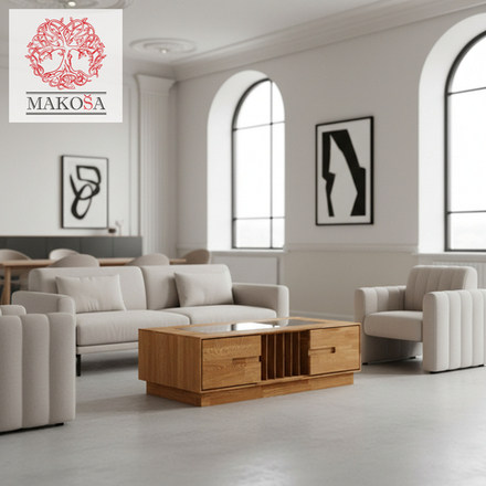 Журнальный стол Паво из массива дуба с закаленным стеклом / кофейный стол с местом для хранения и органайзером для газет и журналов