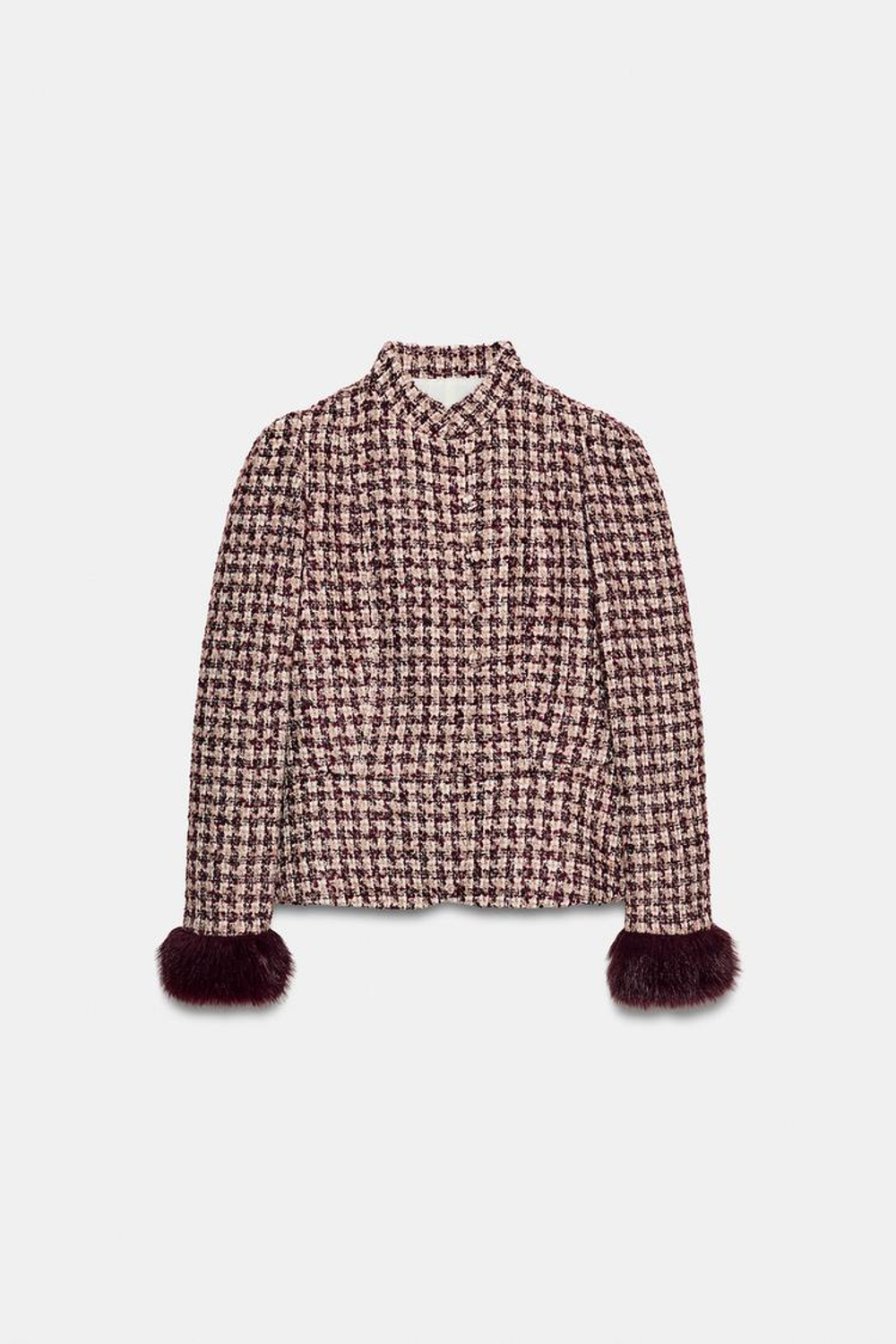 ZARA БЛЕЙЗЕР С МАНЖЕТАМИ ИЗ ИСКУССТВЕННОГО МЕХА, БОРДОВЫЙ/ЭКРЮ