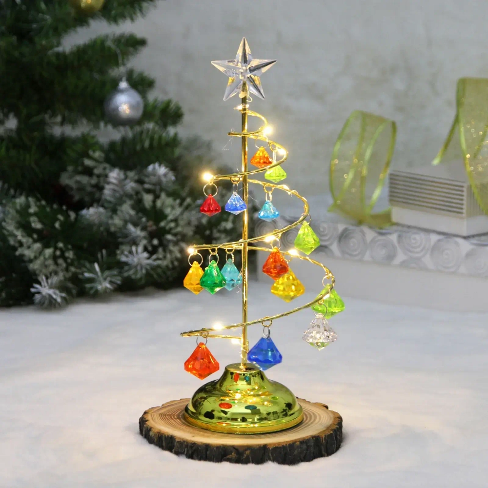 Сувенир с подсветкой «Елочка Хрустальная» 26 см, диаметр 10 см, основ.-золото, свечение-тепл.белый, хрусталик Мультицвет (работает от батареек 3 ААА)