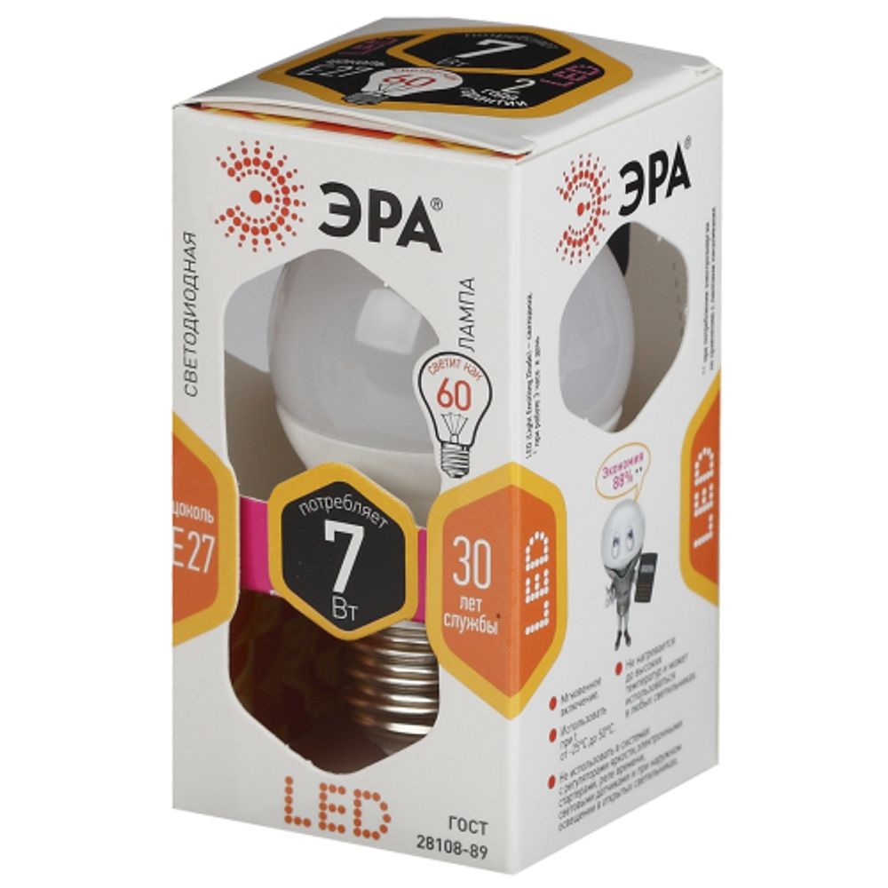 Лампа светодиодная ЭРА STD LED P45-7W-827-E27 7Вт шар теплый белый свет Е27 | Лампы cветодиодные Шар (G/P)
