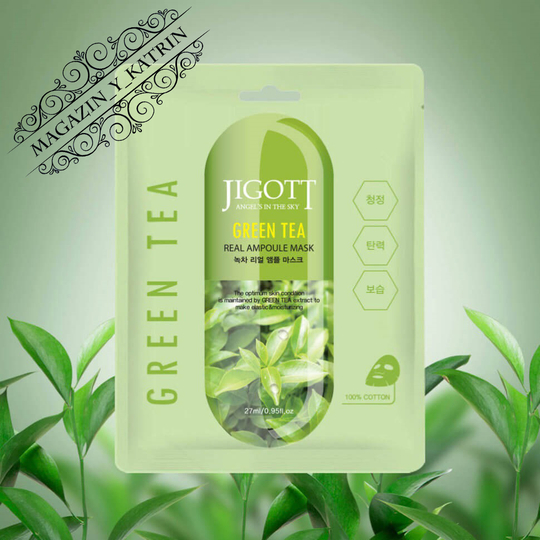 Jigott. Успокаивающая тканевая маска для лица с зелёным чаем Real Ampoule Mask Green Tea
