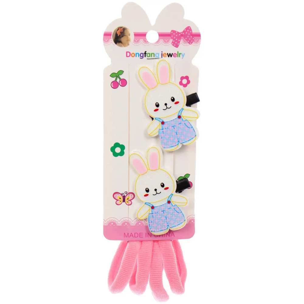 Аксессуары для волос детские в наборе 2 зажима и 4 резинки «РОЗОВОЕ ОБЛАКО», милые зайчики, цвет как на фото,14*6см (пакет с подвесом)●