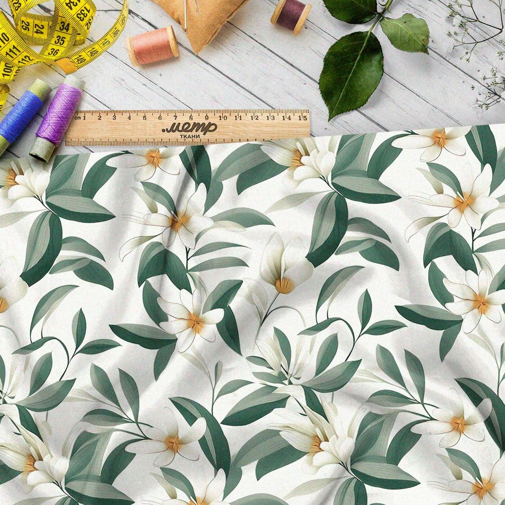 Ткань премиум бифлекс нежная цветочная иллюстрация