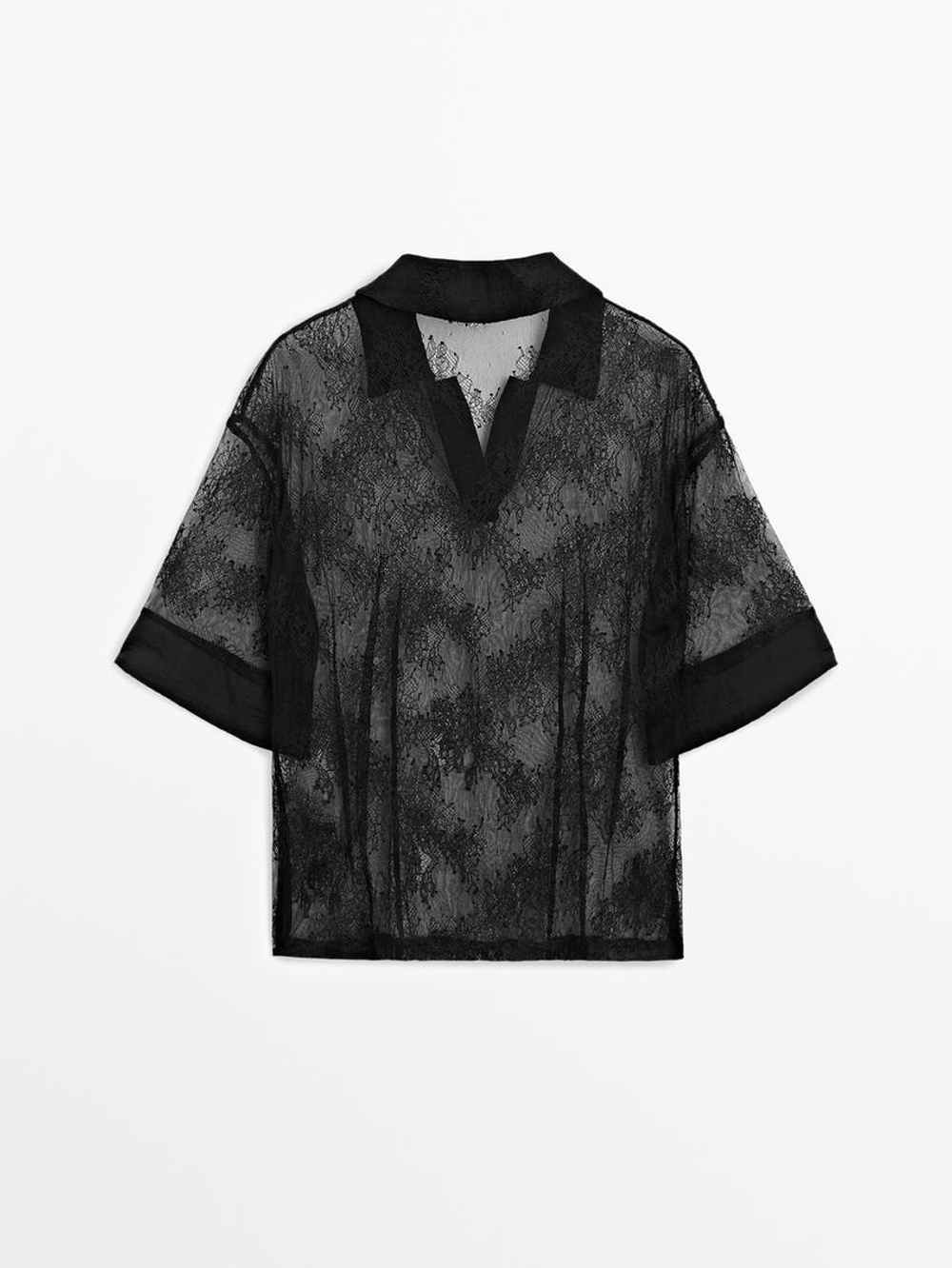 Massimo Dutti Кружевная рубашка с воротником поло, черный