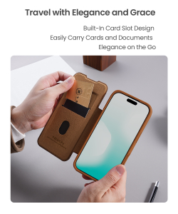 Кожаный чехол книжка коричневого цвета для iPhone 17, серия Qin Pro Leather с обновленной сдвижной шторкой от Nillkin